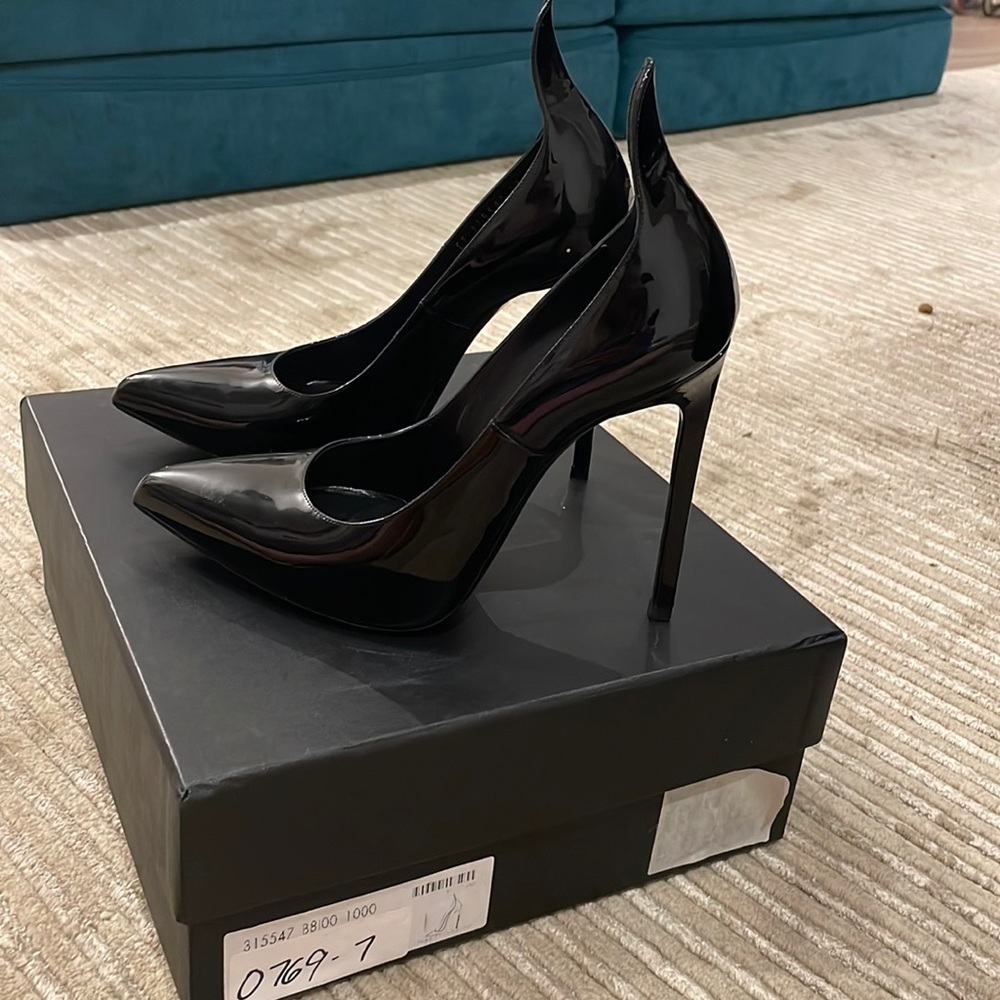 YSL black patent leather heels with high back